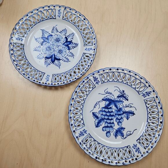 Vintage Blue And White, 8" Reticulated Porcelain Plates In Two Different Designs - Picture 1 of 7